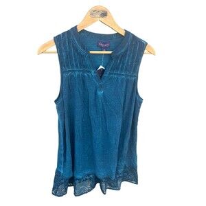 Blue Lace Trim Top S Artesia Ruffle Peplum Pleated boho Tunic Sleeveless tank
